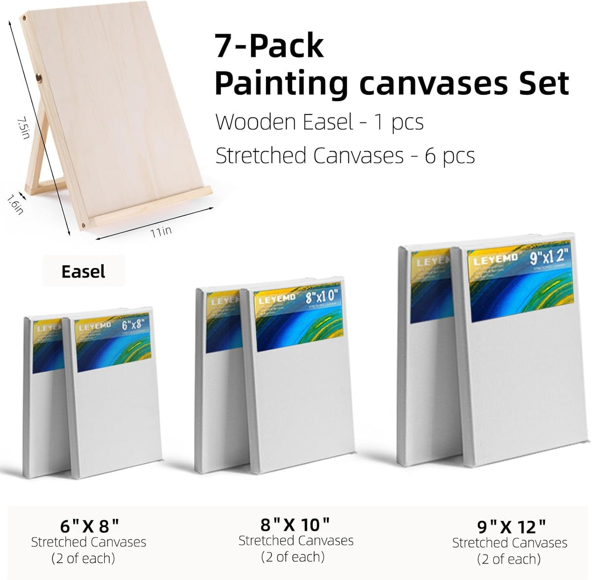 6 Pack Canvas with Tabletop Easel, Art Canvas Kit for Beginners