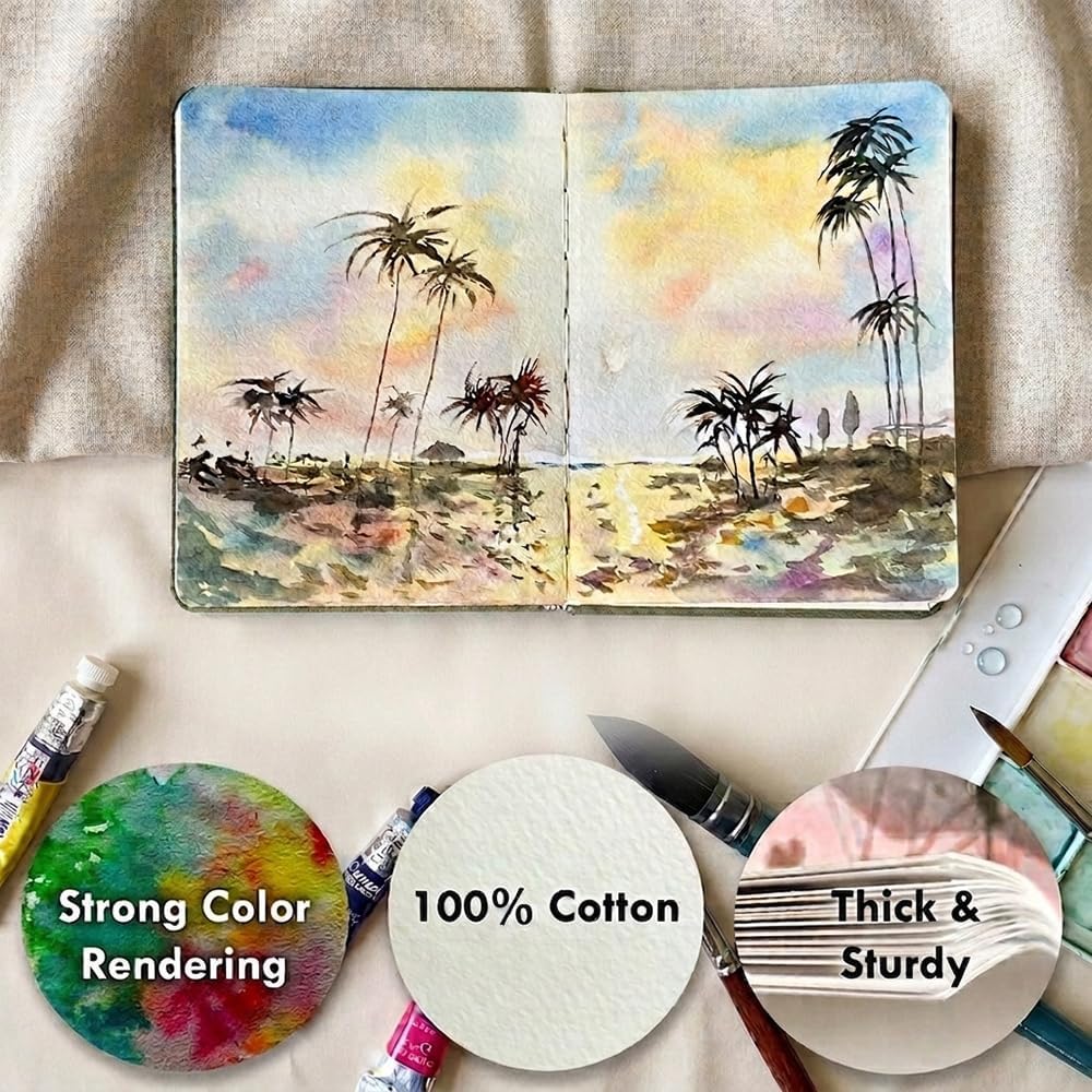 tumuarta Portrait Watercolor Sketchbook, 7.5x5, 140 LB, 300GSM, 100% Cotton Paper, Cold Press, 24 Sheets,48 Pages, Watercolor Journal for Use As Sketch Book and Mixed Media Pad On The Go