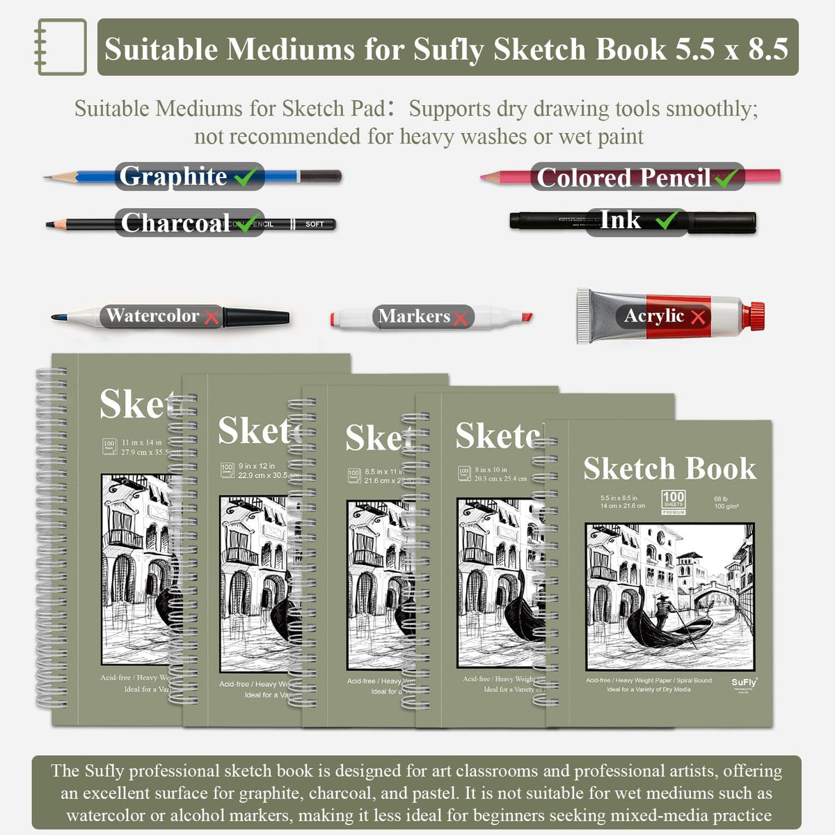 SuFly Small Sketch Book 5.5"x8.5", 2-Pack Mini Sketchbook, Spiral Bound Sketchbook Hardcover with 200 Sheets of 68lb/100gsm Mini Drawing Pad Paper, Small Sketch Pads for Drawing for Adults & Kids.