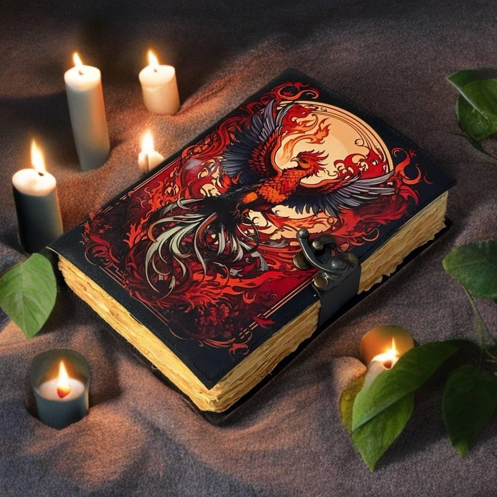 ANSAR HANDICRAFTS The Phoenix Grimoire – Handmade Leather Journal, Blank Spell Book of Shadows, Vintage Junk Journal, Gothic Sketchbook & Notebook with 200 Deckle Edge Pages – Gifts for Him & Her