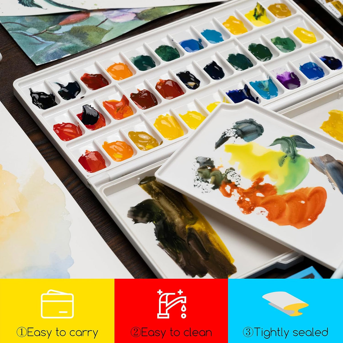 MEEDEN Watercolor Palette with Lid: 33 Wells Airtight Folding Paint Palette