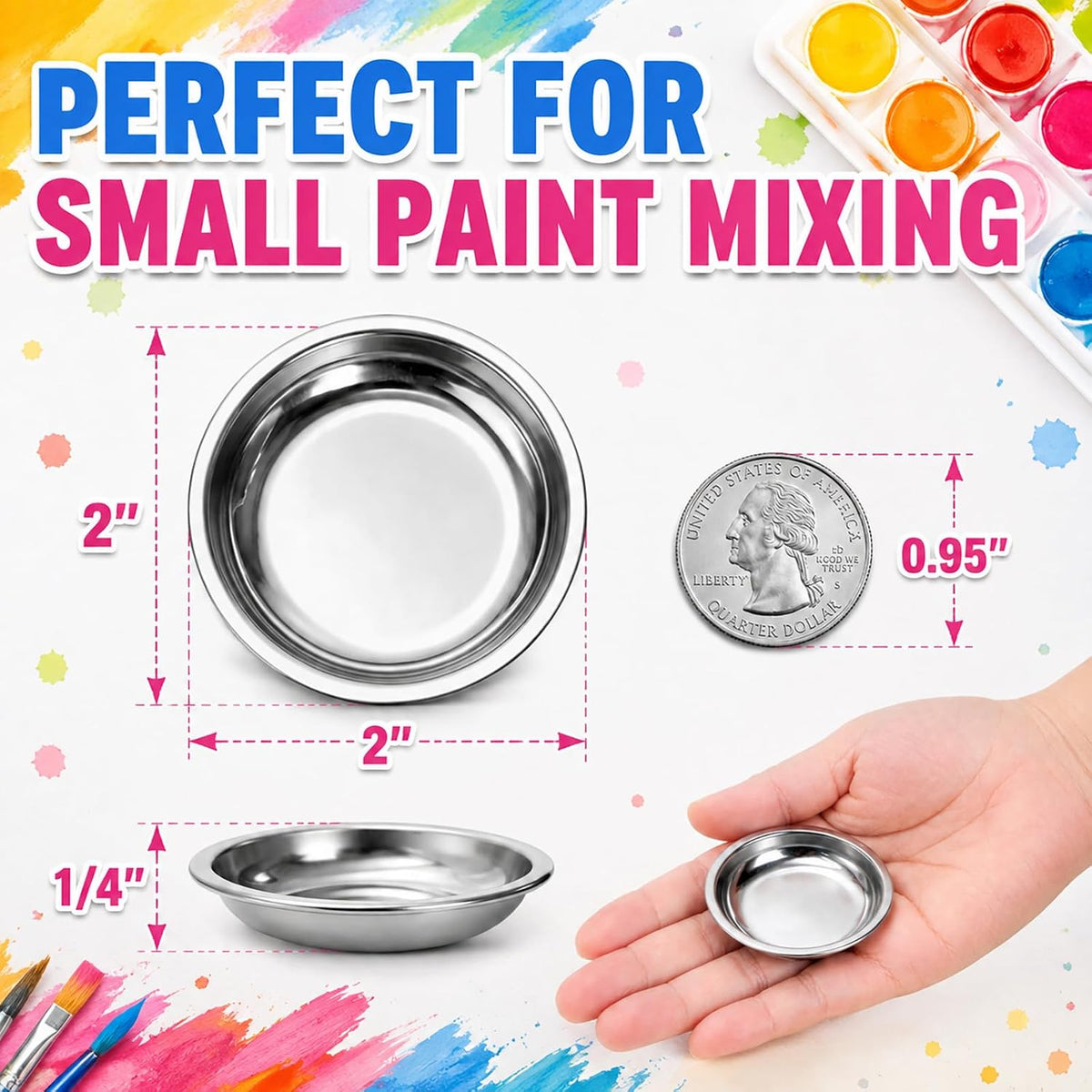 Jucoan 60 Pack Stainless Steel Paint Palette, 2 Inch Tiny Round Metal Paint Mixing Palette Dish for Watercolor, Modeling Oils Painting, Pigments & Airbrush, Stackable