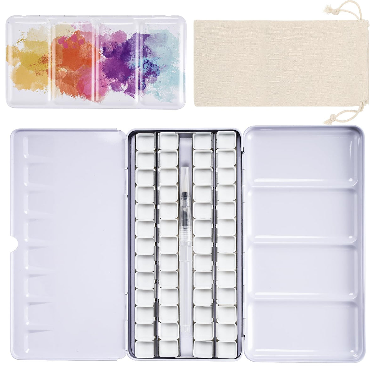 PEVART Empty Watercolor Paint Palette, Metal Box Mixing Palette Case with 50 Water Color Half Pans and Fold-Out Palette Tin Paint Tray Travel Watercolor Set,Acrylic, Gouache, Oil Painting