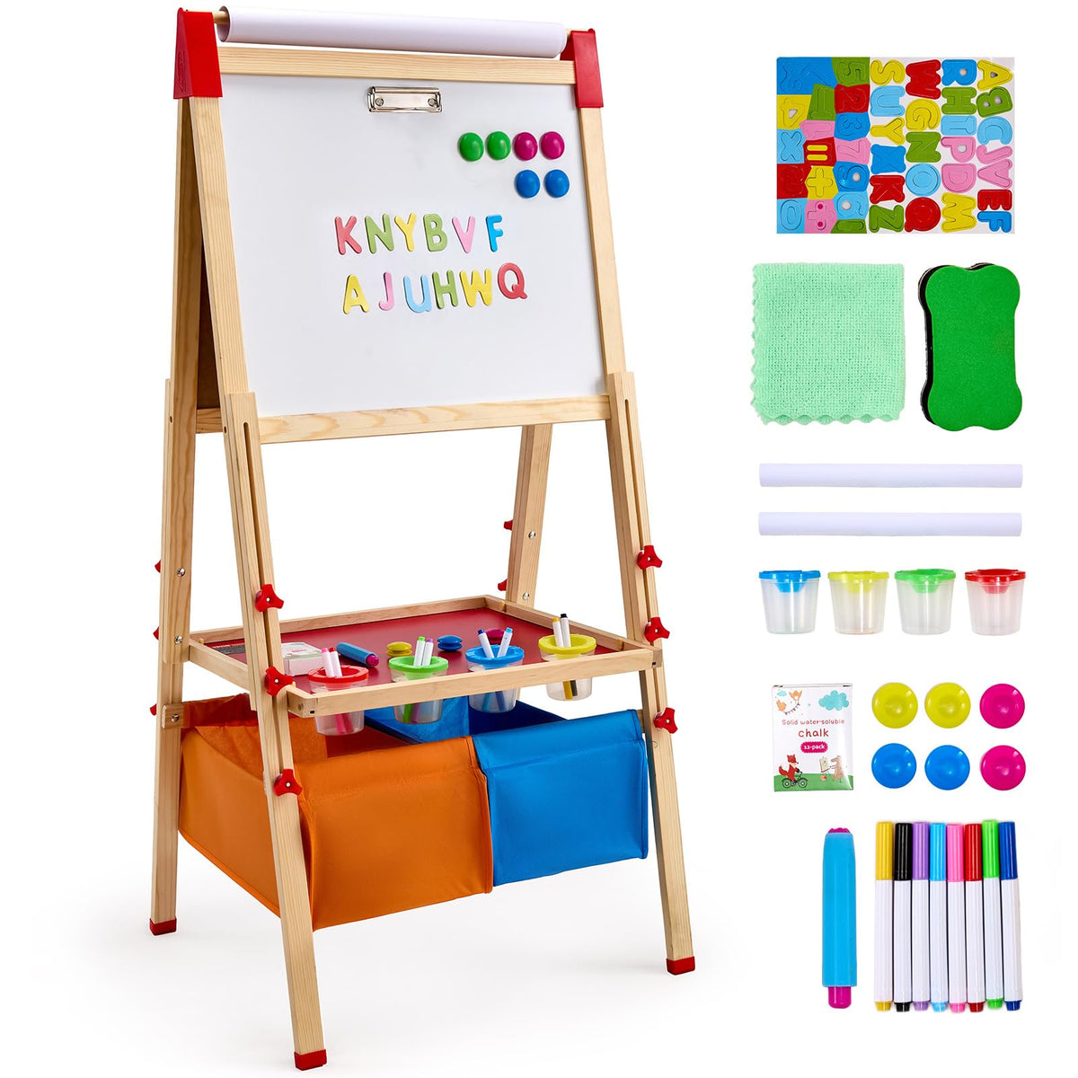 VEVOR Art Easel for Kids, 3-in-1 Wooden Double-Sided Kid's Art Easel with Magnetic Whiteboard, Chalkboard & Paper Roll, Adjustable Standing Drawing Board with Painting Accessories for Boys and Girls