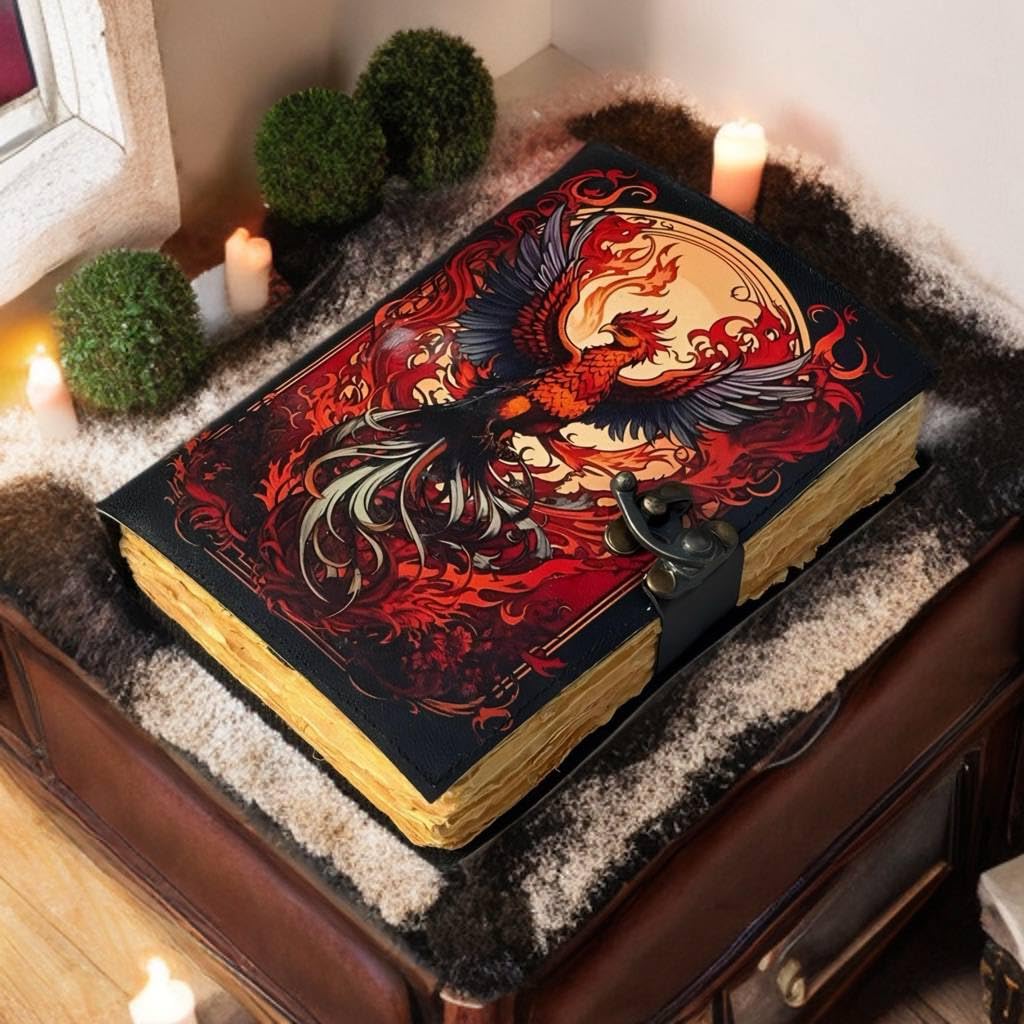 ANSAR HANDICRAFTS The Phoenix Grimoire – Handmade Leather Journal, Blank Spell Book of Shadows, Vintage Junk Journal, Gothic Sketchbook & Notebook with 200 Deckle Edge Pages – Gifts for Him & Her