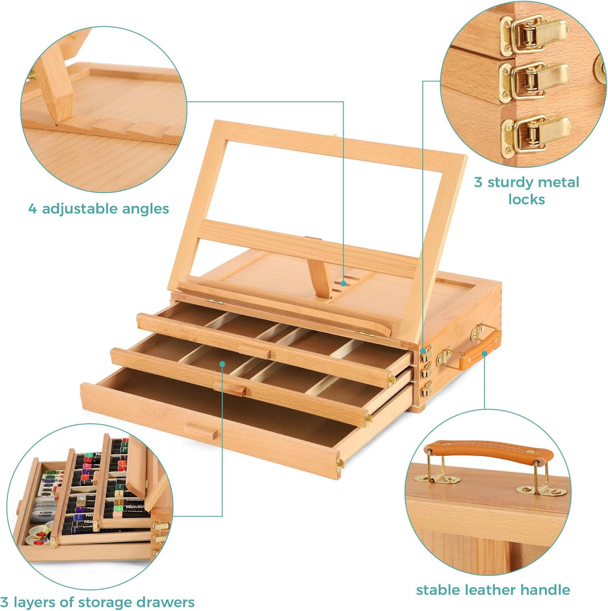 VISWIN Large Tabletop Easel with 3 Storage Drawers, Adjustable Beech Wood Table Top Easel for Painting, Portable Sketch Box for Art Supplies, Desktop Travel Art Easel for Adults, Artists, Students