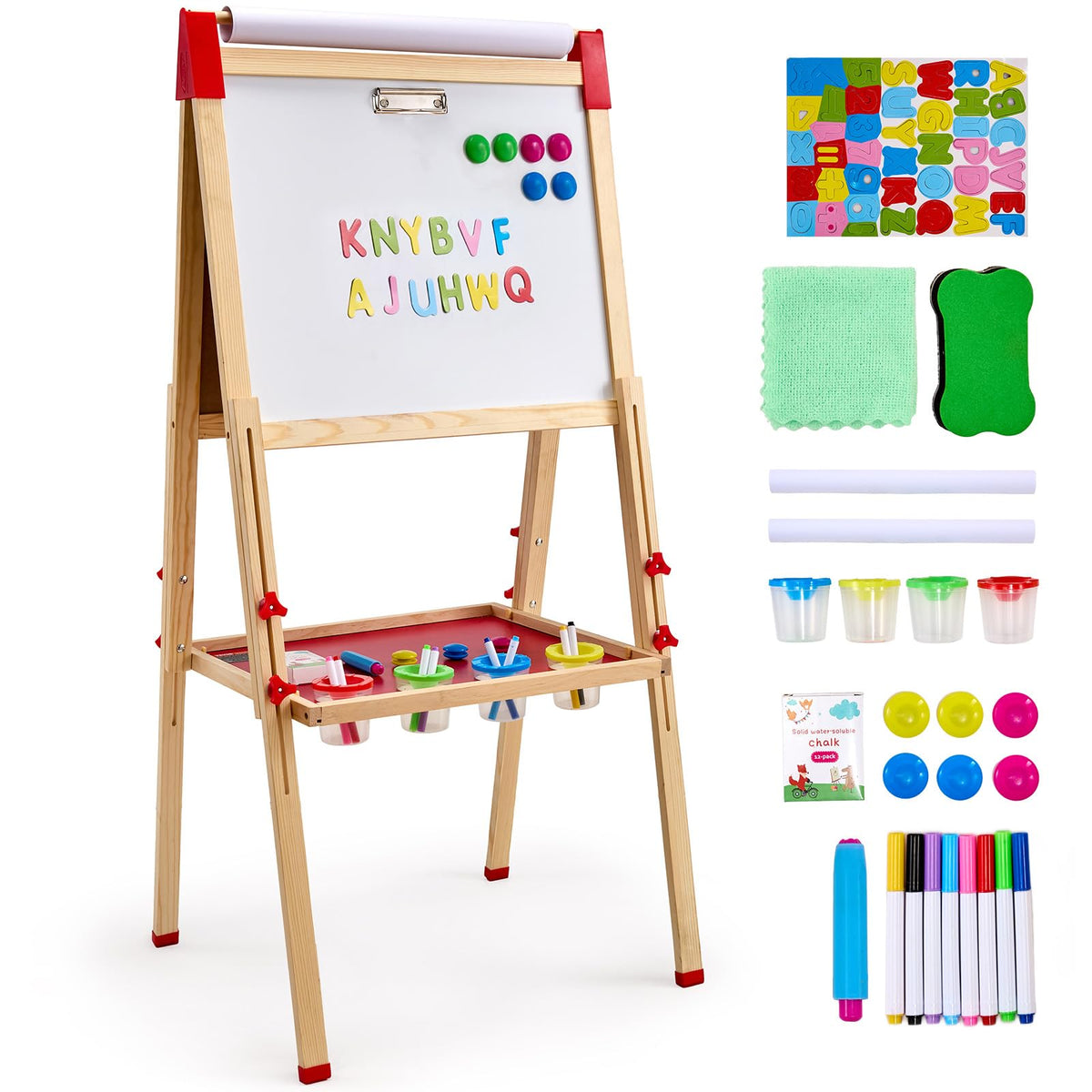 VEVOR Art Easel for Kids, 3-in-1 Wooden Double-Sided Kid's Art Easel with Magnetic Whiteboard, Chalkboard & Paper Roll, Adjustable Standing Drawing Board with Painting Accessories for Boys and Girls