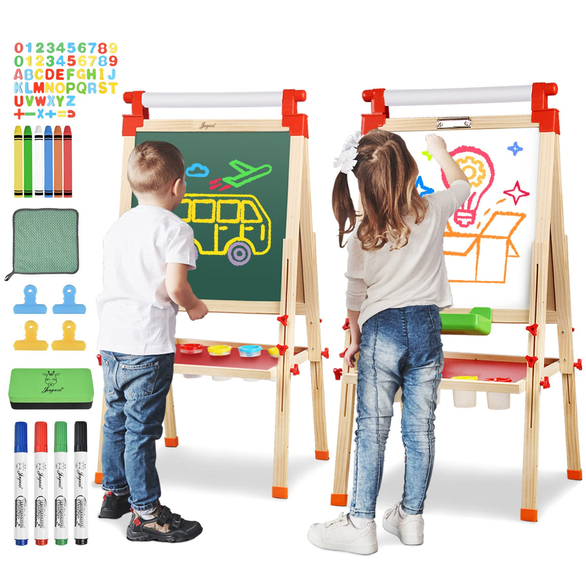 JOYOOSS Kids Wooden Easel with Paper Roll - Adjustable Magnetic Double Sided Drawing Board Whiteboard & Chalkboard Dry Easel Board,Children Art Easel for 3~12 Years Kids Boys Girls Painting Drawing