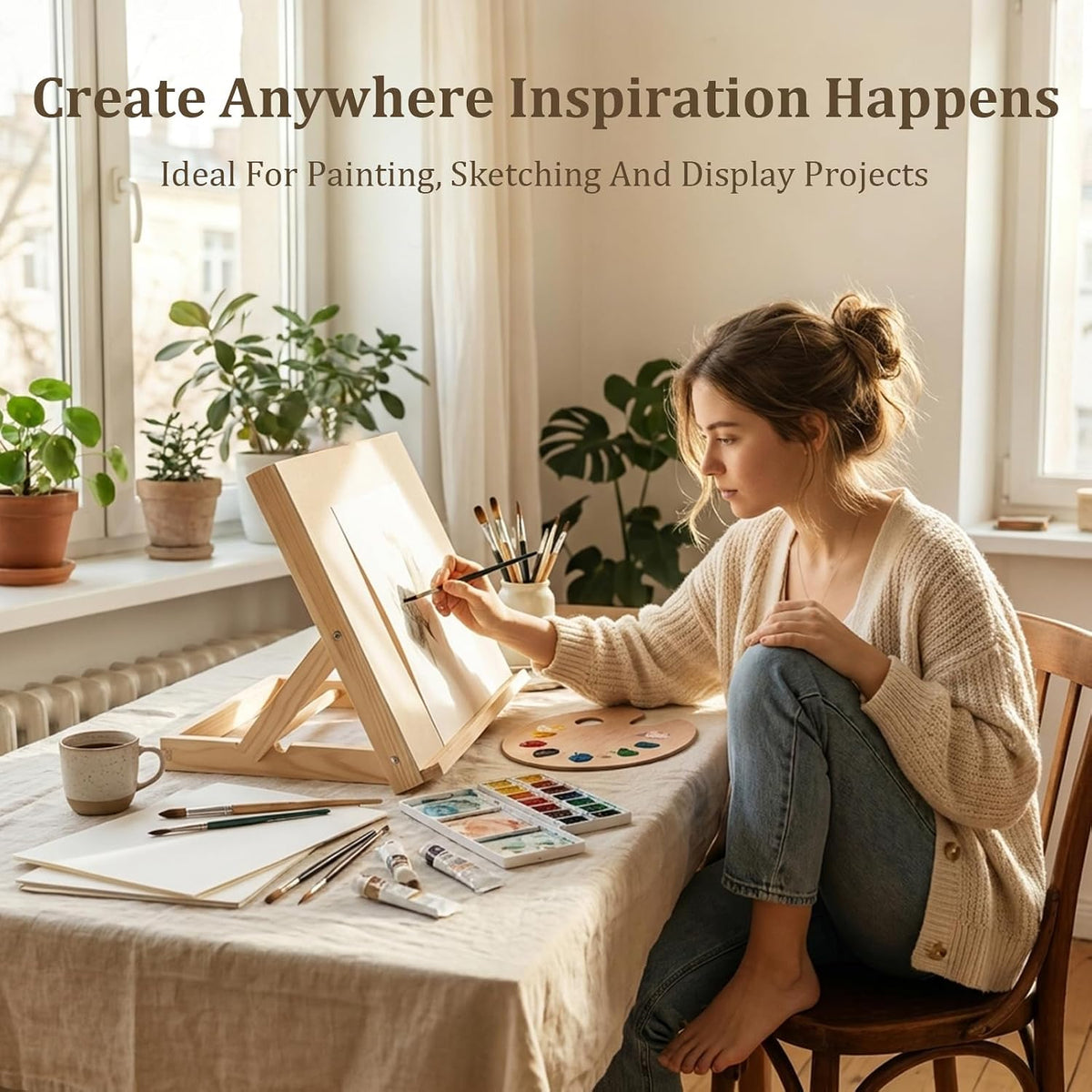 13 x 9 Inches Wooden Tabletop Easels for Painting, 3-Position Adjustable Drawing & Sketching Board with Palette, Art Desktop Easel for Adults, Artists, Beginners & Student