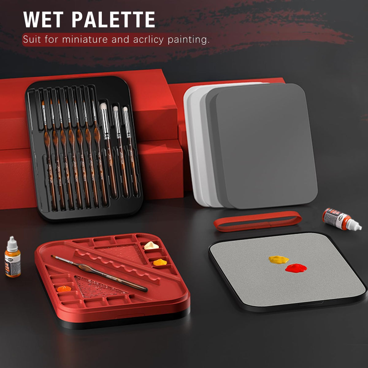 Wet Pallet for Painting Miniatures - Golden Maple 2 in 1 Dry and Wet Palette with Lid, Including 11 Miniature Paint Brushes,100PCS Palette Paper, 4PCS Sponges, Paint Brushes Holders
