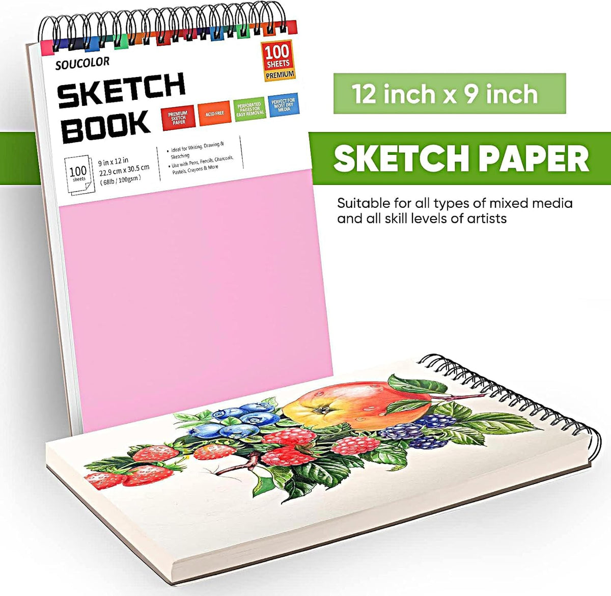 Soucolor Cute Sketch Book 9" x 12" Drawing Paper,Pink Teen Girls Sketchbook