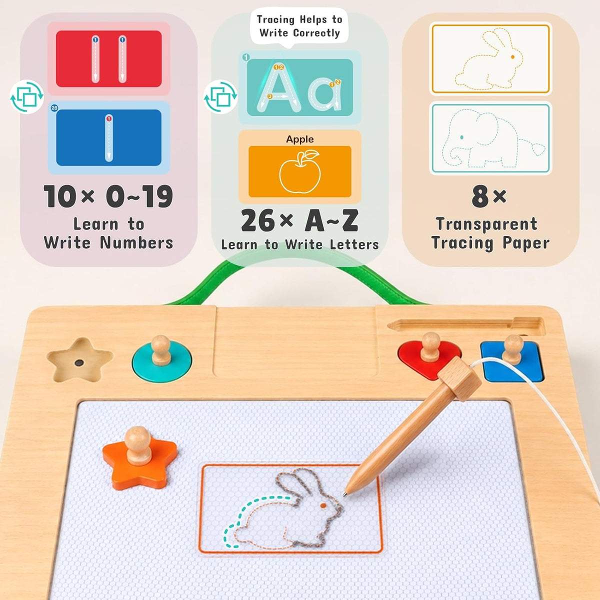 Joyreal Wooden Letter Tracing Board for Toddlers, Magnetic Alphabet & Number Writing Practice Board with 44 Cards, Reusable Magnetic Drawing Board, Montessori Preschool Educational Toy Ages 3-5