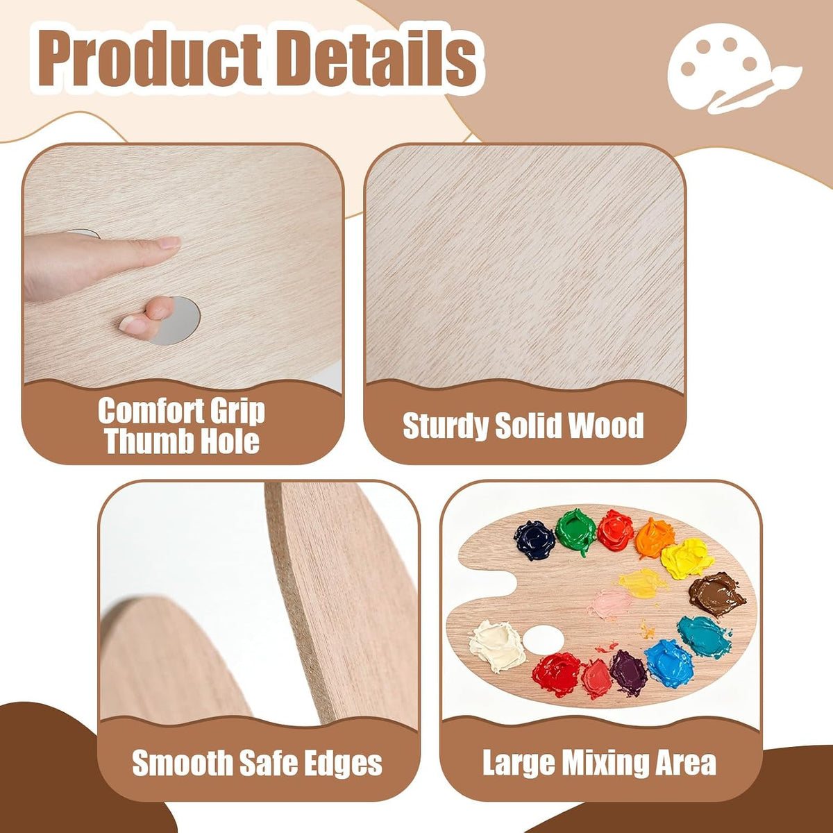 Wooden Painting Palette 36-Pack, Oval with Thumb Hole, 12x8 Inch