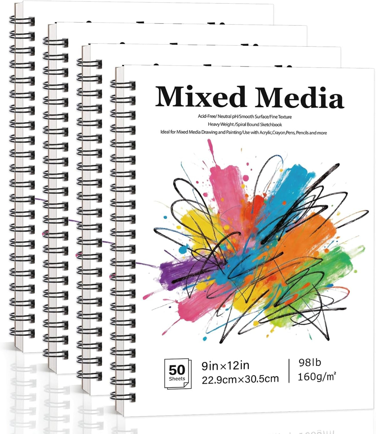 4 Pack Mixed Media Sketchbook 9×12 in, 160gsm Sketch Pads for Drawing