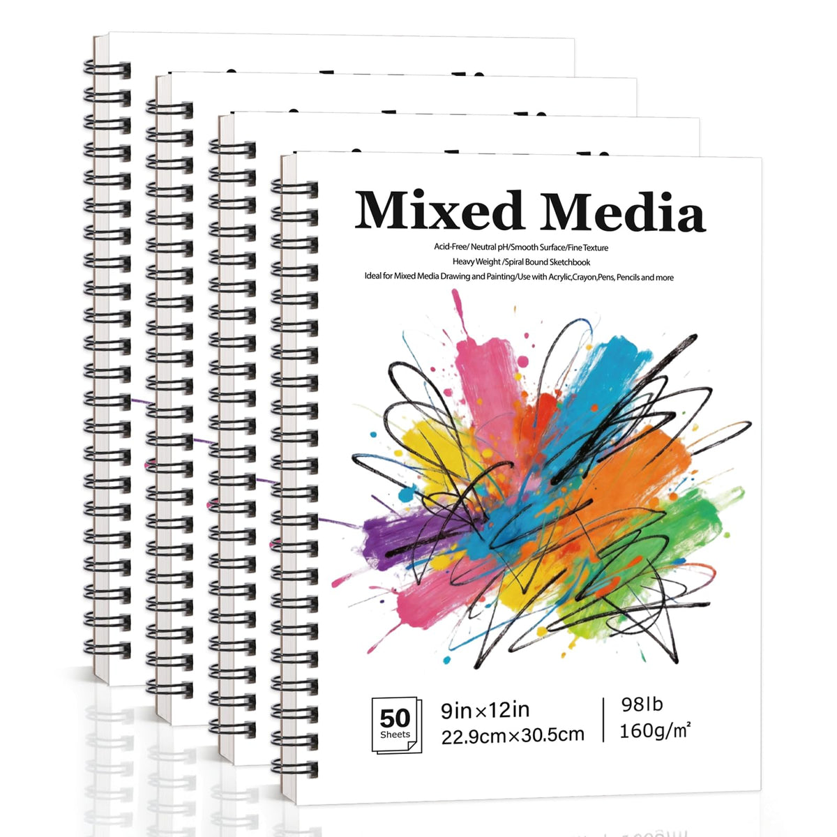 4 Pack Mixed Media Sketchbook 9×12 in, 160gsm Sketch Pads for Drawing
