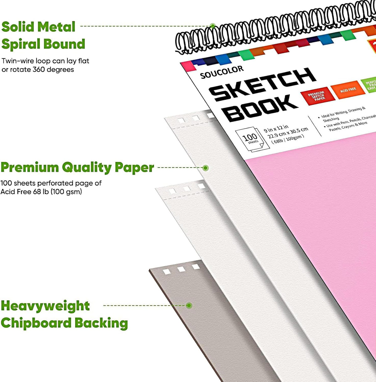 Soucolor Cute Sketch Book 9" x 12" Drawing Paper,Pink Teen Girls Sketchbook