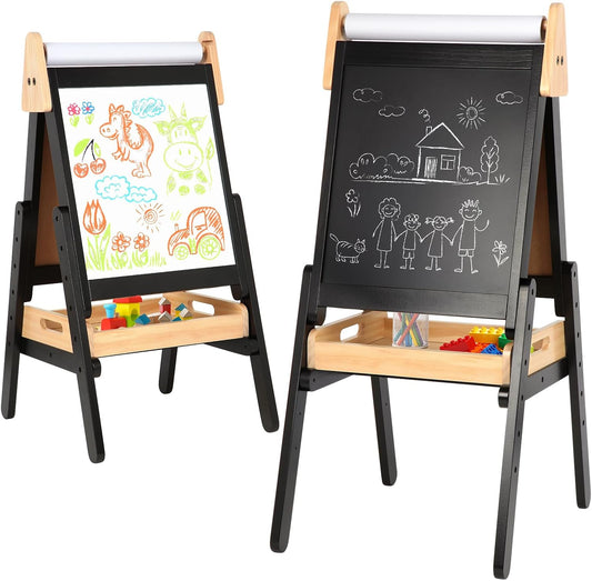 3 in 1 Easel for Little Kids with Wood Tray, Double Sided Wooden Easel with Paper Roll, Magnetic Whiteboard & Dry Erase Black Chalkboard, Height Adjustable Painting Standing for Toddlers Childrens 2-5