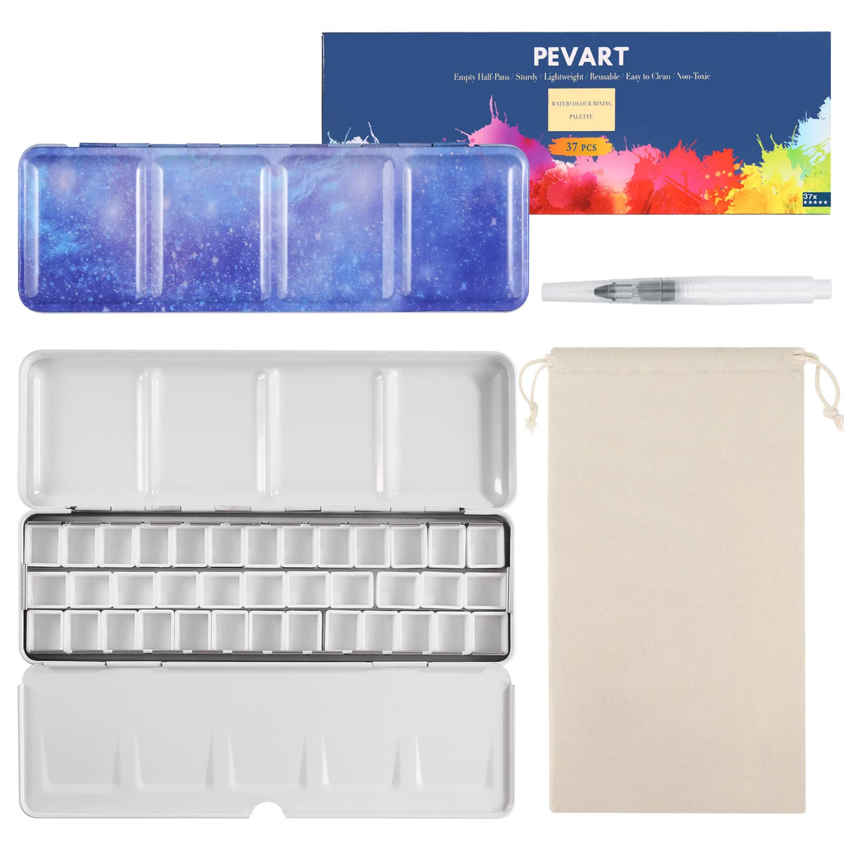 PEVART Empty Watercolor Paint Palette, Metal Box Mixing Palette Case with 50 Water Color Half Pans and Fold-Out Palette Tin Paint Tray Travel Watercolor Set,Acrylic, Gouache, Oil Painting