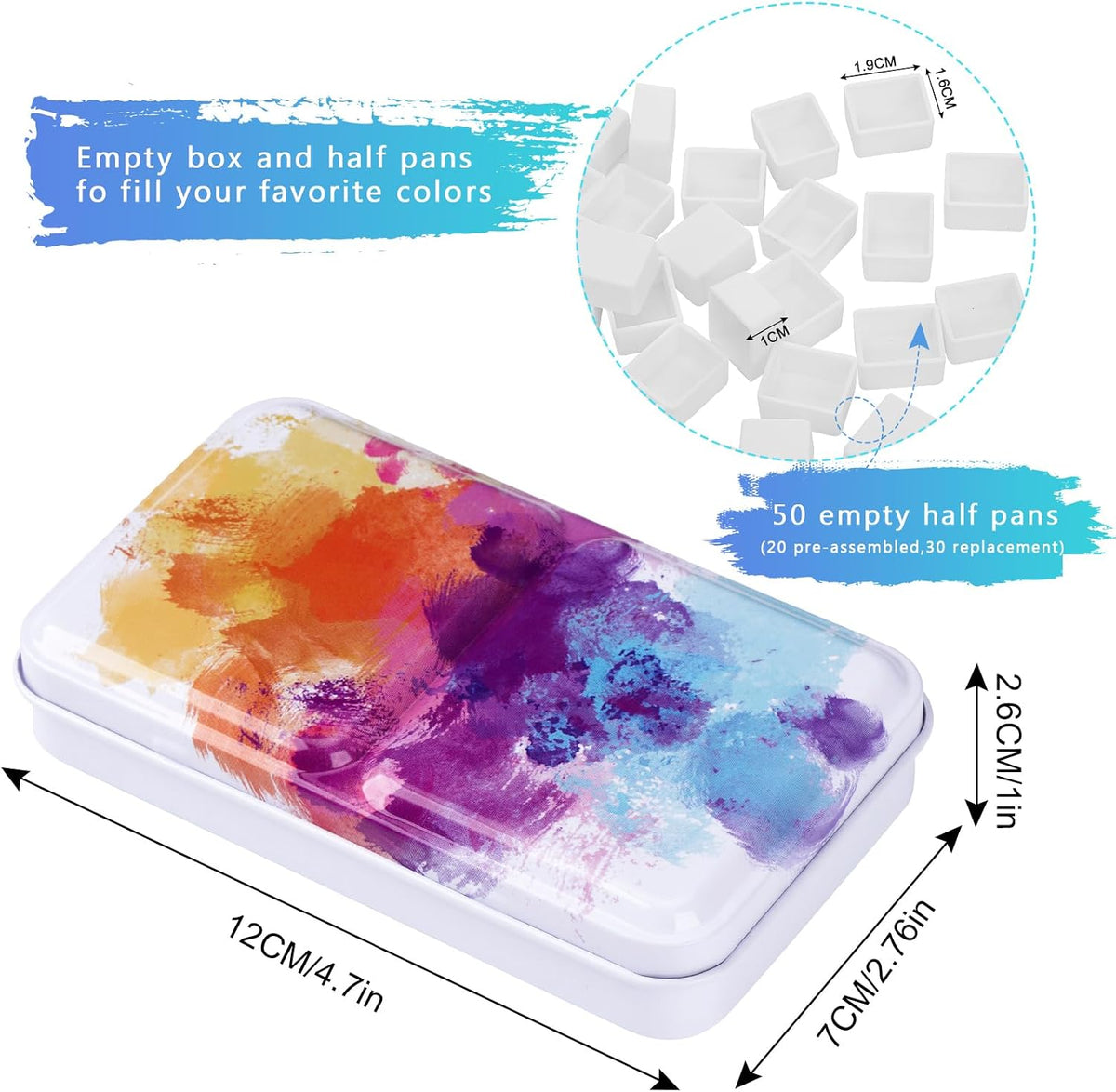 PEVART Empty Watercolor Paint Palette, Metal Box Mixing Palette Case with 50 Water Color Half Pans and Fold-Out Palette Tin Paint Tray Travel Watercolor Set,Acrylic, Gouache, Oil Painting