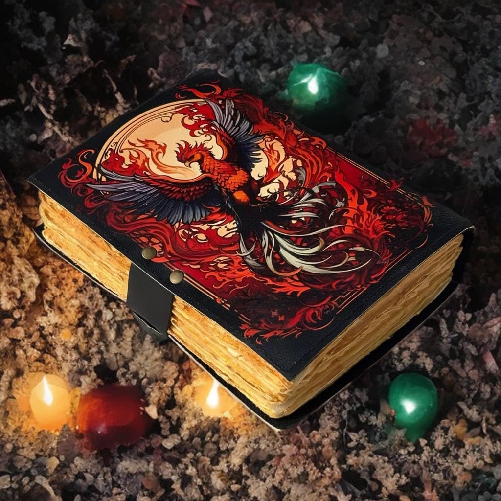 ANSAR HANDICRAFTS The Phoenix Grimoire – Handmade Leather Journal, Blank Spell Book of Shadows, Vintage Junk Journal, Gothic Sketchbook & Notebook with 200 Deckle Edge Pages – Gifts for Him & Her