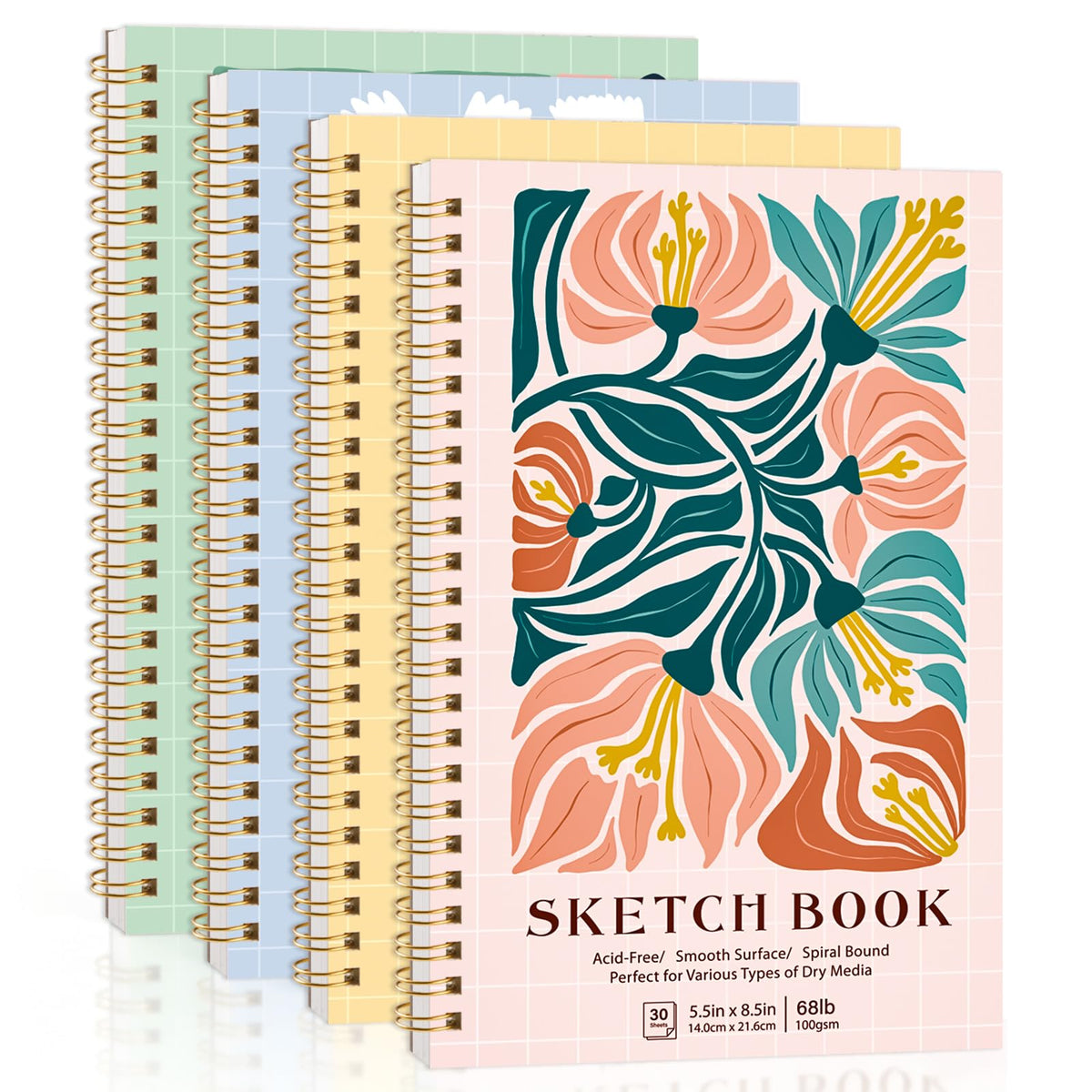 4 Pack Sketch Book 9 × 12in, Spiral Bound, 100gsm Acid-Free Sketch Pads