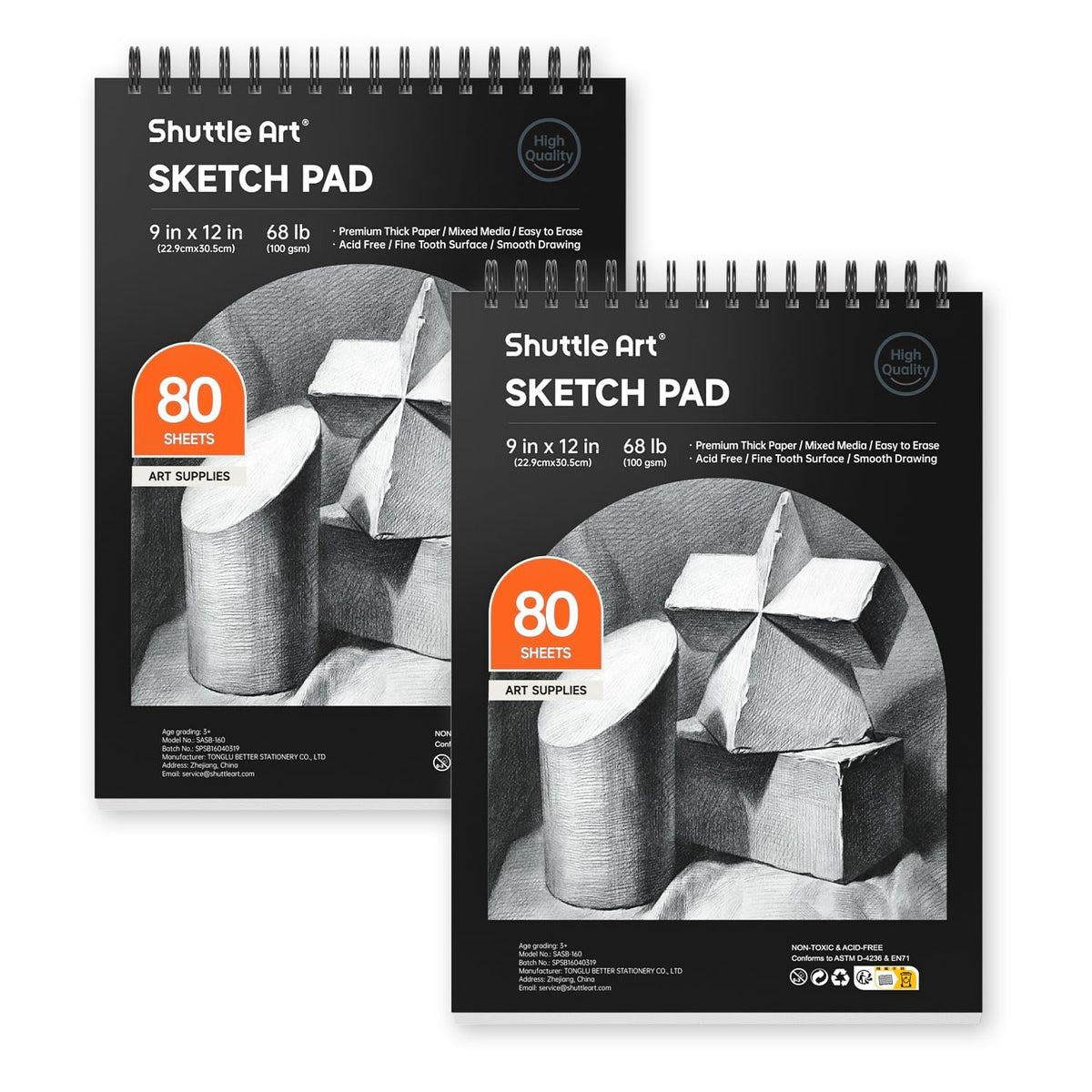 Artists Sketch Books, 9 x 12 Shuttle Art 160 Sheets of Sketch Paper pad Ideal for Drawing and School Supplies (2 Pack)