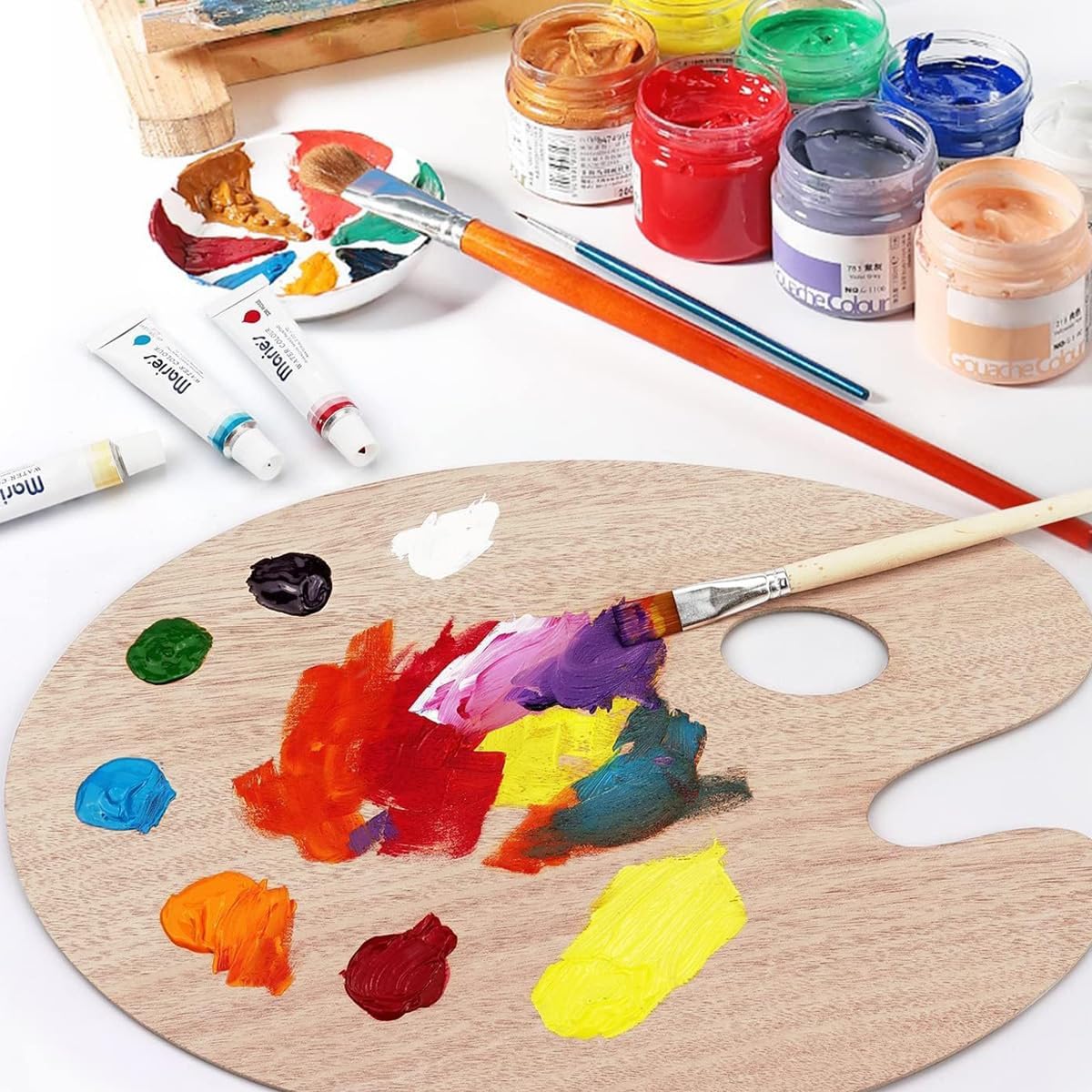 12 Pack 11.8 x 7.9 Inch Wood Oval Painting Palette Acrylic Paint Palette with Thumb Hole Clear Paint Pallet, Easy Clean Non-Stick Artist Pallet for Oil Watercolor Craft DIY Art Painting Palette