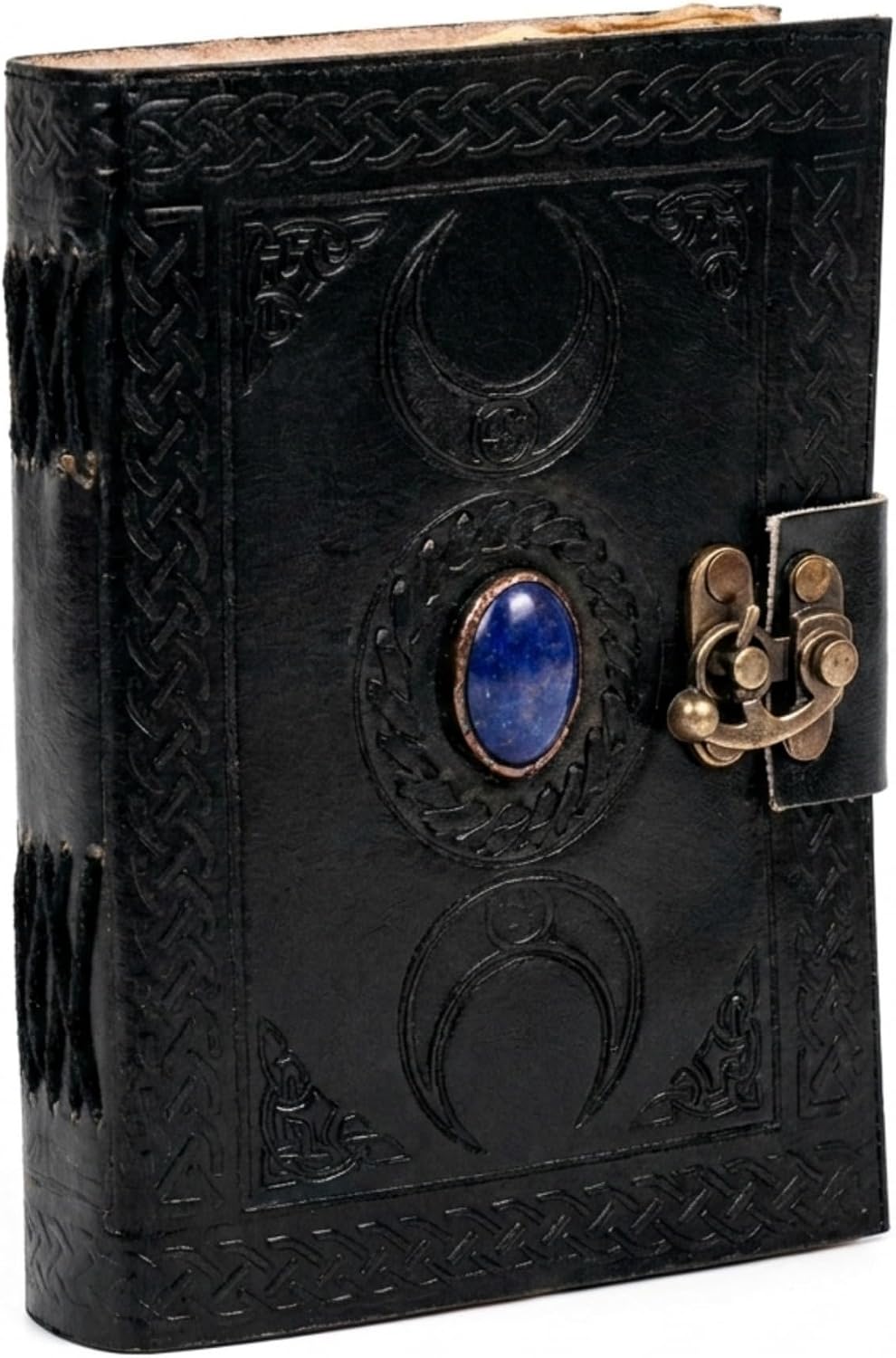 3 Moon Blue Lapis Embossed Vintage Leather Journal | 240 Pages of Antique Handmade Deckle Edge Vintage Paper, Leather Sketchbook, Drawing Journal, Great Gift (5 by 7 inch, black)