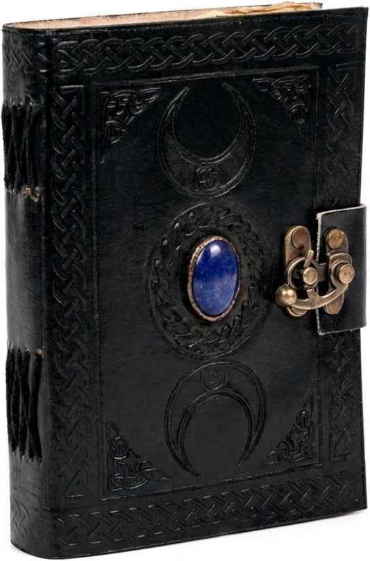 3 Moon Blue Lapis Embossed Vintage Leather Journal | 240 Pages of Antique Handmade Deckle Edge Vintage Paper, Leather Sketchbook, Drawing Journal, Great Gift (5 by 7 inch, black)