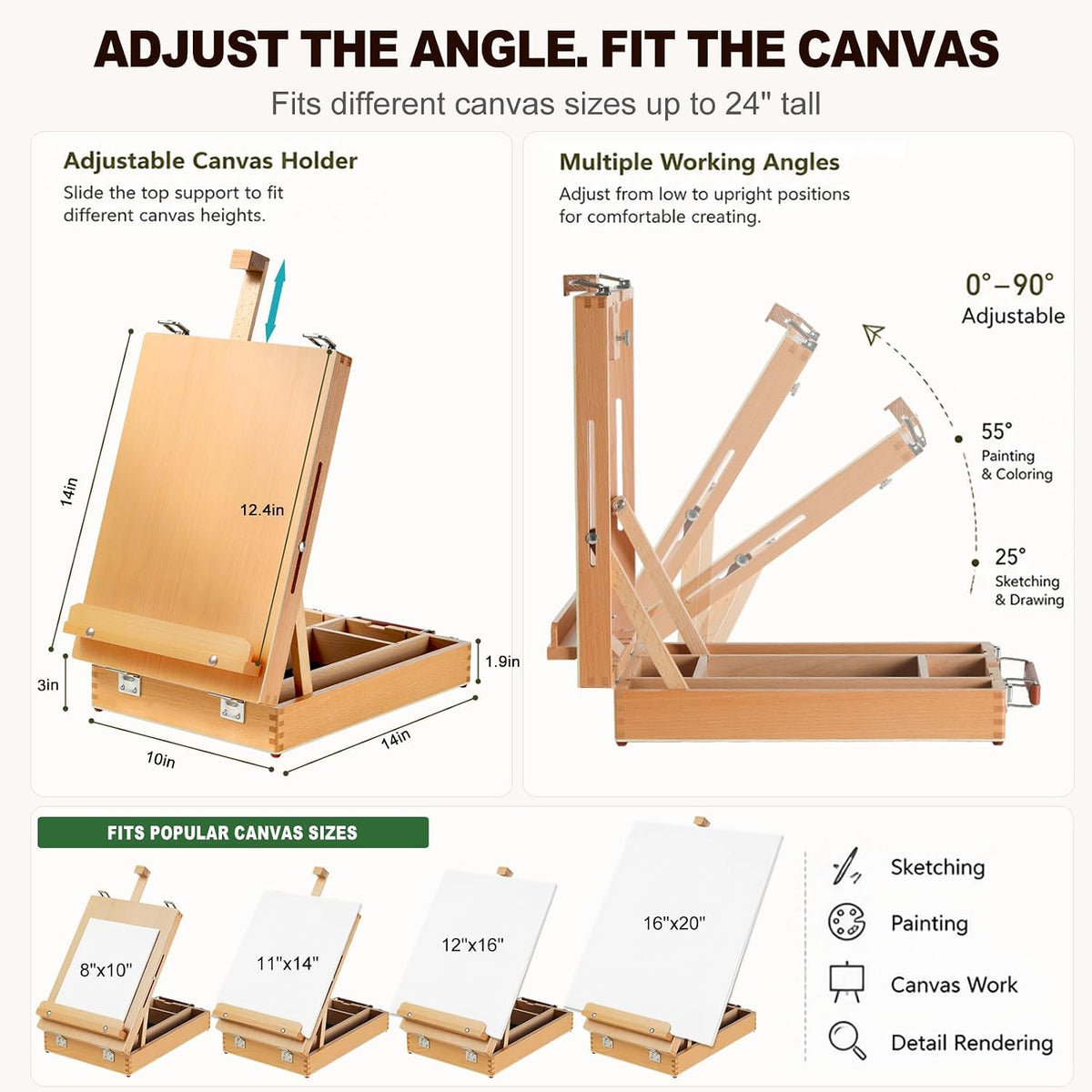 Beechwood Tabletop Easel for Painting, Portable Easel with Shoulder Strap
