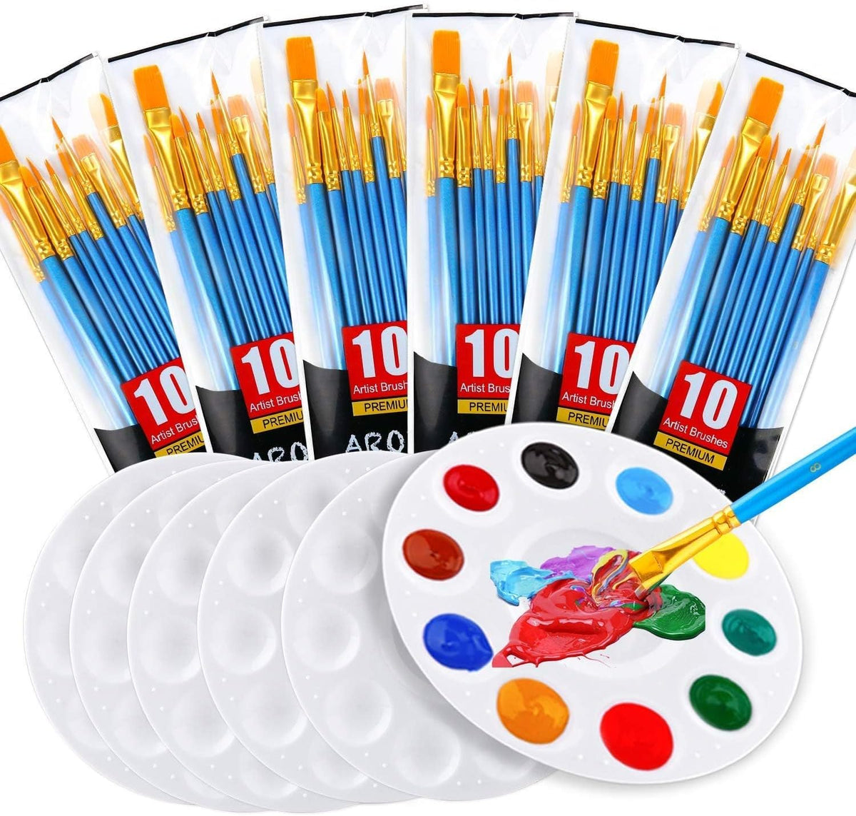 AROIC Paint Brush Palette Set, 6 Packs of 60 Brushes and 6 Tray Palettes