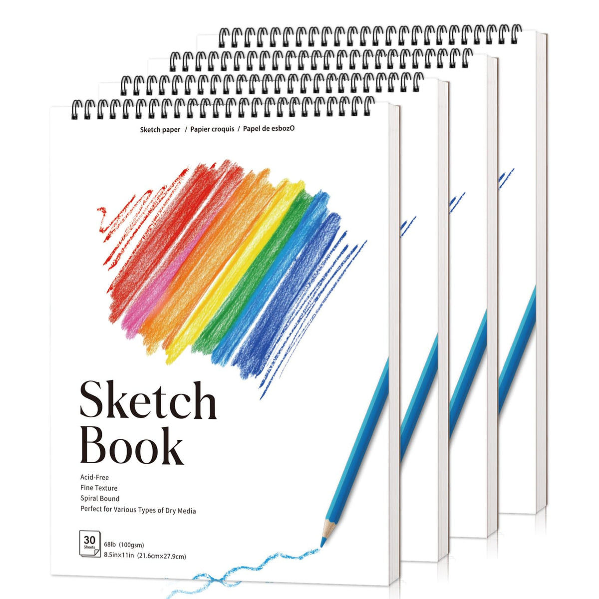 4 Pack Sketch Book for Kids, 8.5 × 11 in, Spiral Bound, 30 Sheets Each