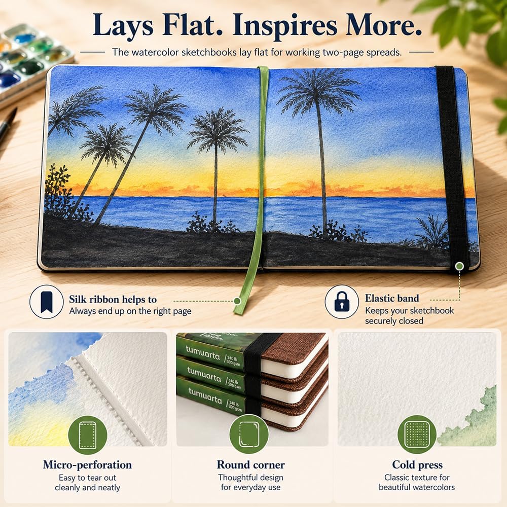 tumuarta Watercolor Journal 5.5 x 5.5, 140lb/300gsm Cold Press Paper, 24 Sheets/48 Pages, Lay-Flat Hardcover Watercolor Paper Sketchbook for Travel & Mixed Media