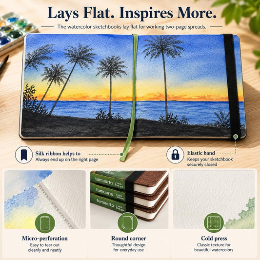 tumuarta Watercolor Journal 5.5 x 5.5, 140lb/300gsm Cold Press Paper, 24 Sheets/48 Pages, Lay-Flat Hardcover Watercolor Paper Sketchbook for Travel & Mixed Media