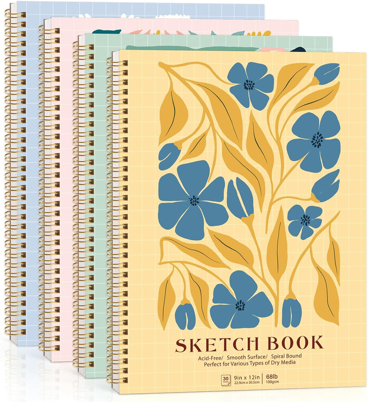 4 Pack Sketch Book 9 × 12in, Spiral Bound, 100gsm Acid-Free Sketch Pads