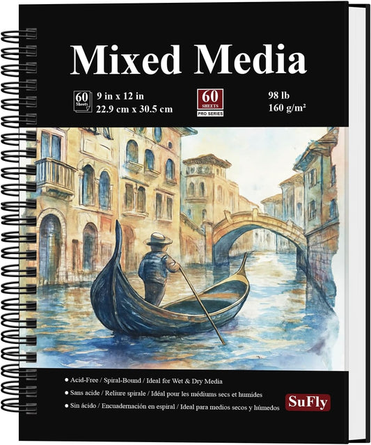 SuFly Mixed Media Sketchbook 9x12, Mixed Media Paper_98lb/160gsm, 60 Sheets