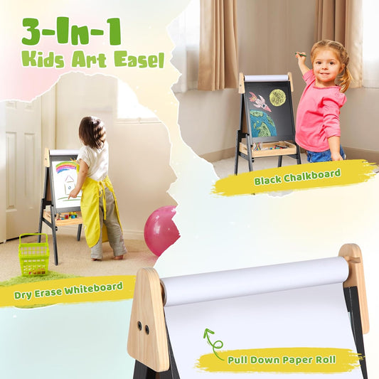 3 in 1 Easel for Little Kids with Wood Tray, Double Sided Wooden Easel with Paper Roll, Magnetic Whiteboard & Dry Erase Black Chalkboard, Height Adjustable Painting Standing for Toddlers Childrens 2-5