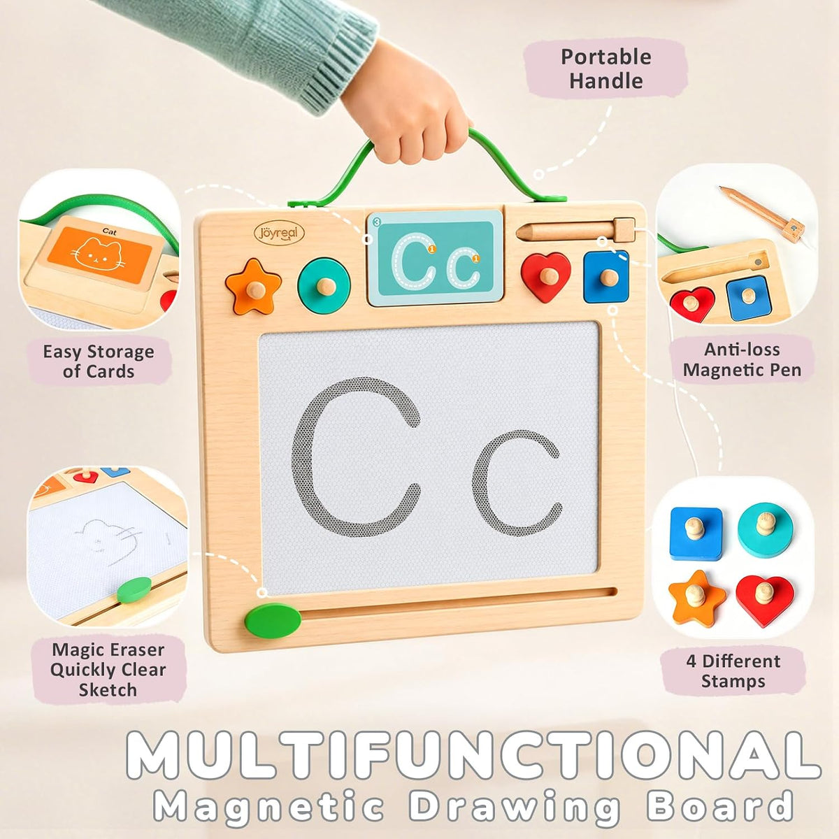 Joyreal Wooden Letter Tracing Board for Toddlers, Magnetic Alphabet & Number Writing Practice Board with 44 Cards, Reusable Magnetic Drawing Board, Montessori Preschool Educational Toy Ages 3-5