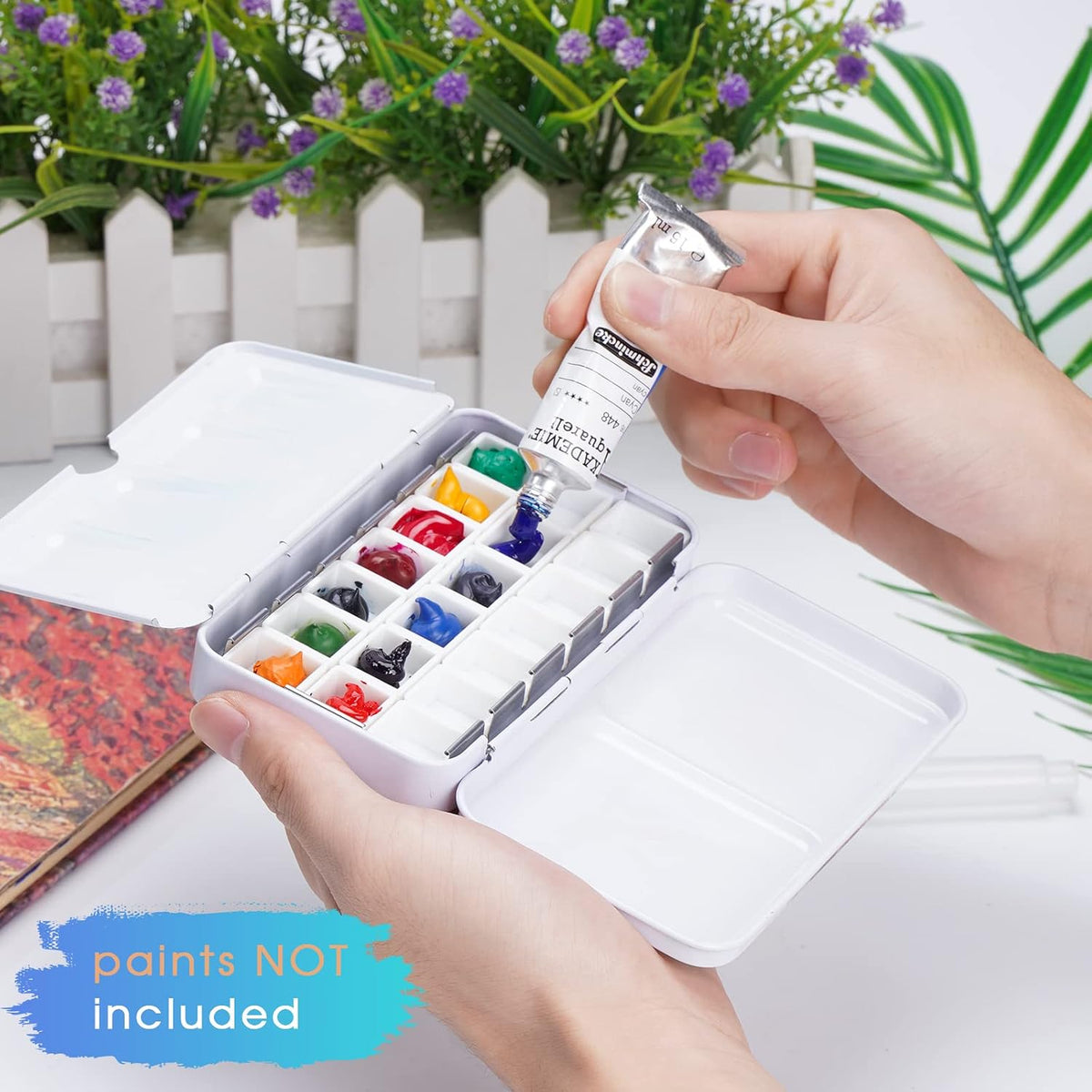 PEVART Empty Watercolor Paint Palette, Metal Box Mixing Palette Case with 50 Water Color Half Pans and Fold-Out Palette Tin Paint Tray Travel Watercolor Set,Acrylic, Gouache, Oil Painting