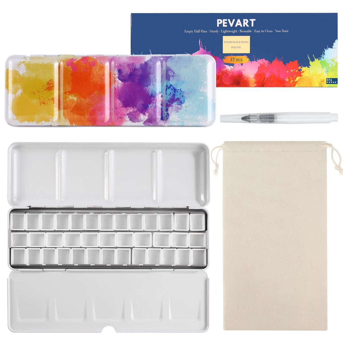 PEVART Empty Watercolor Paint Palette, Metal Box Mixing Palette Case with 50 Water Color Half Pans and Fold-Out Palette Tin Paint Tray Travel Watercolor Set,Acrylic, Gouache, Oil Painting