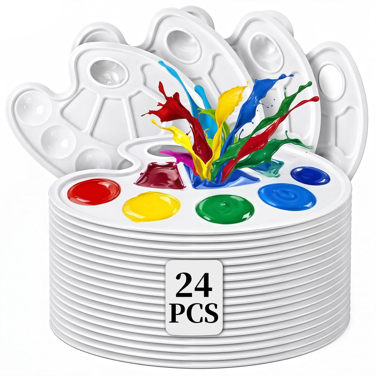 24 Pack Paint Palettes, Round Plastic Paint Palette Trays for Acrylic, Watercolor and Gouache, Reusable Paint Mixing Trays for Kids, Classroom, School and Art Parties