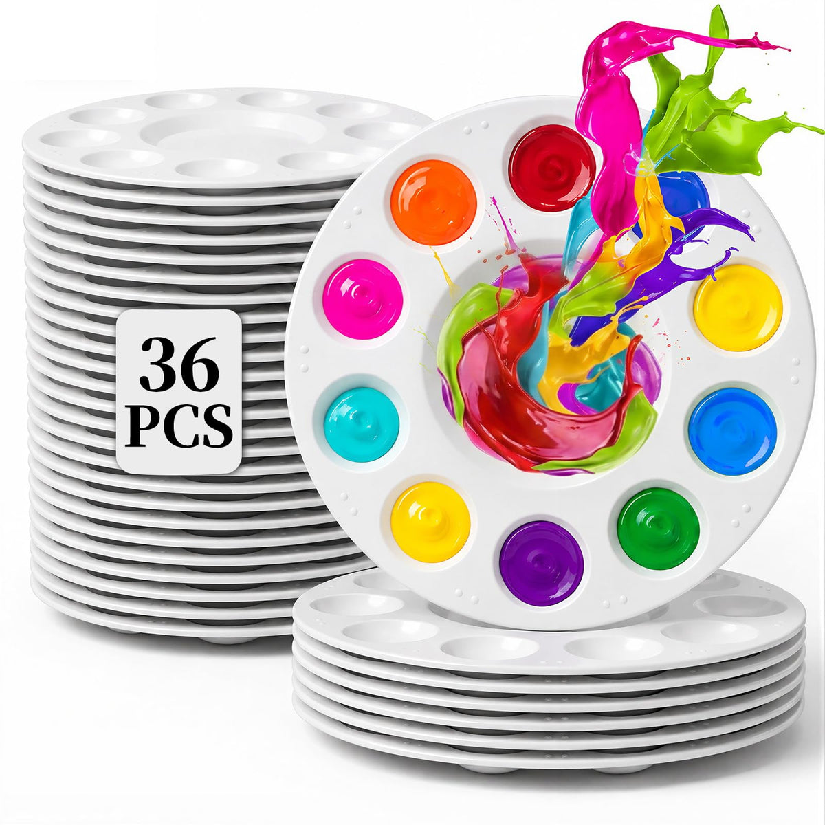 24 Pack Paint Palettes, Round Plastic Paint Palette Trays for Acrylic, Watercolor and Gouache, Reusable Paint Mixing Trays for Kids, Classroom, School and Art Parties