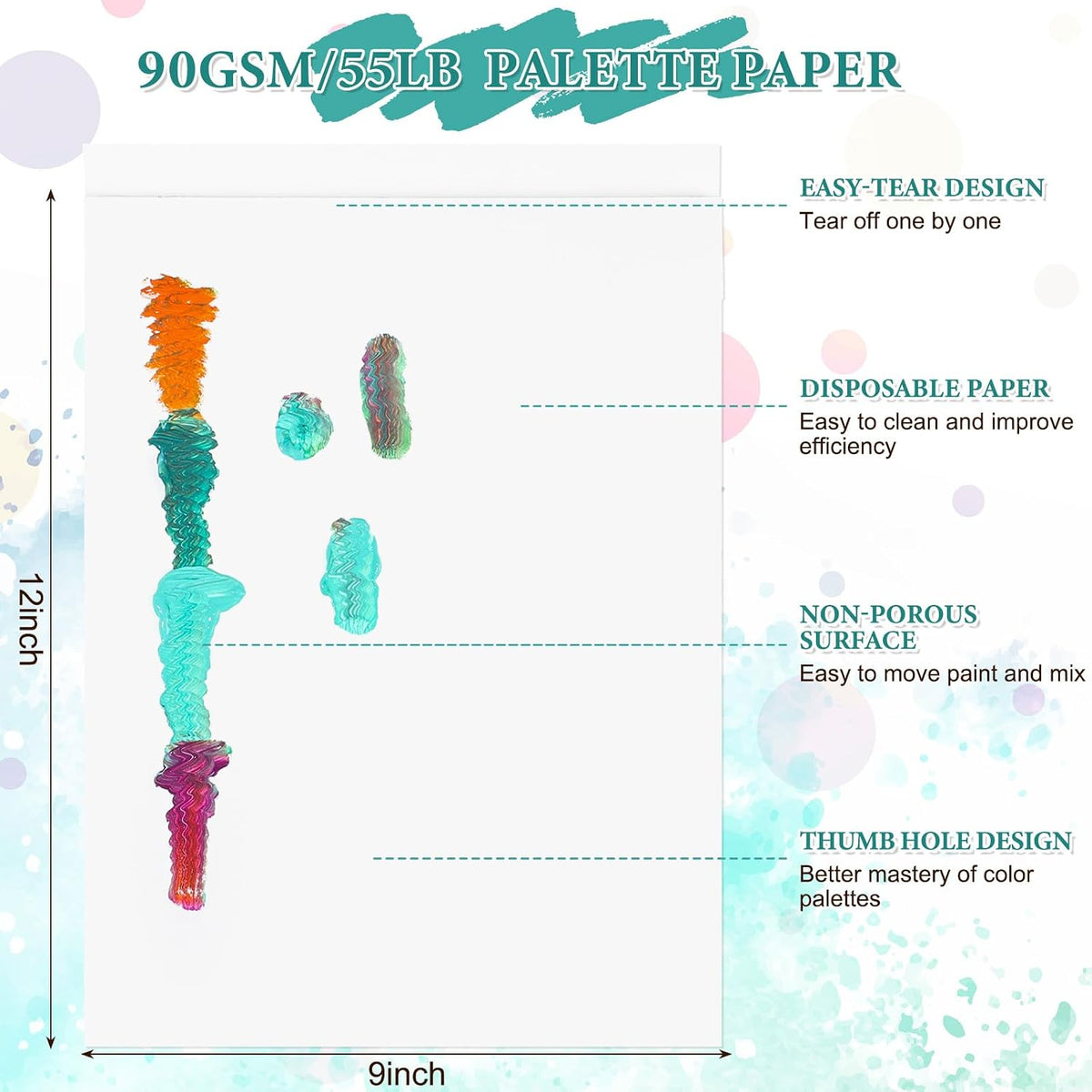 50 Sheets Palette Paper Pad 9 × 12 in, 90gsm Disposable Paint Palette