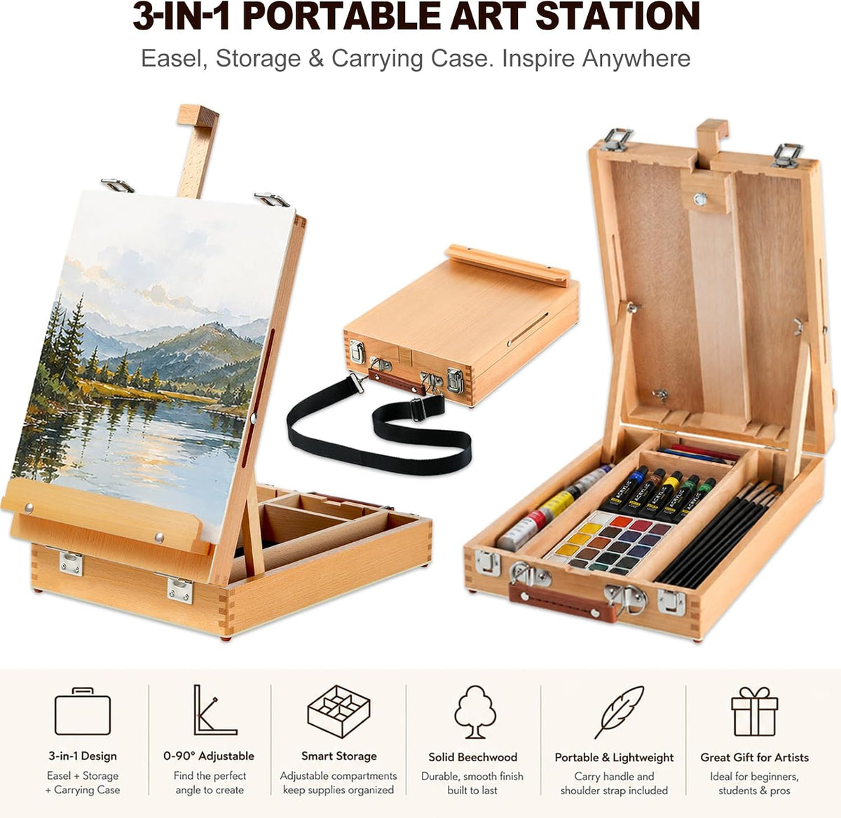 Beechwood Tabletop Easel for Painting, Portable Easel with Shoulder Strap
