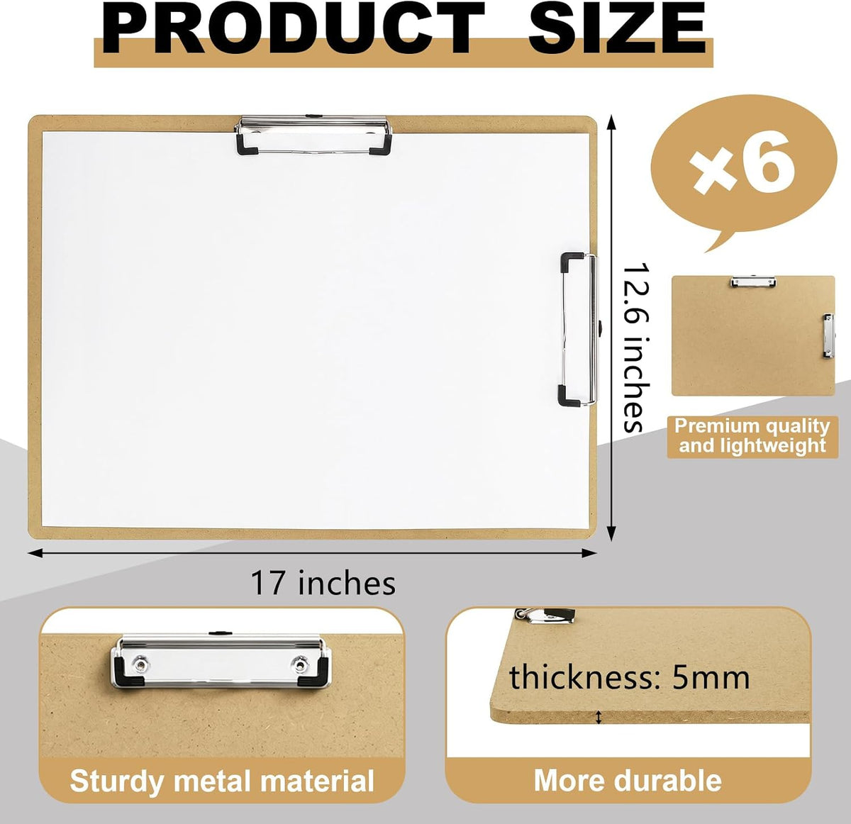 Frcctre 6 Pack 13 x 17 Inch Wooden Clipboard, Extra Large Portable Wooden Drawing Boards with Double Low-Profile Metal Clip for Class or Studio Sketching, Drawing, Painting