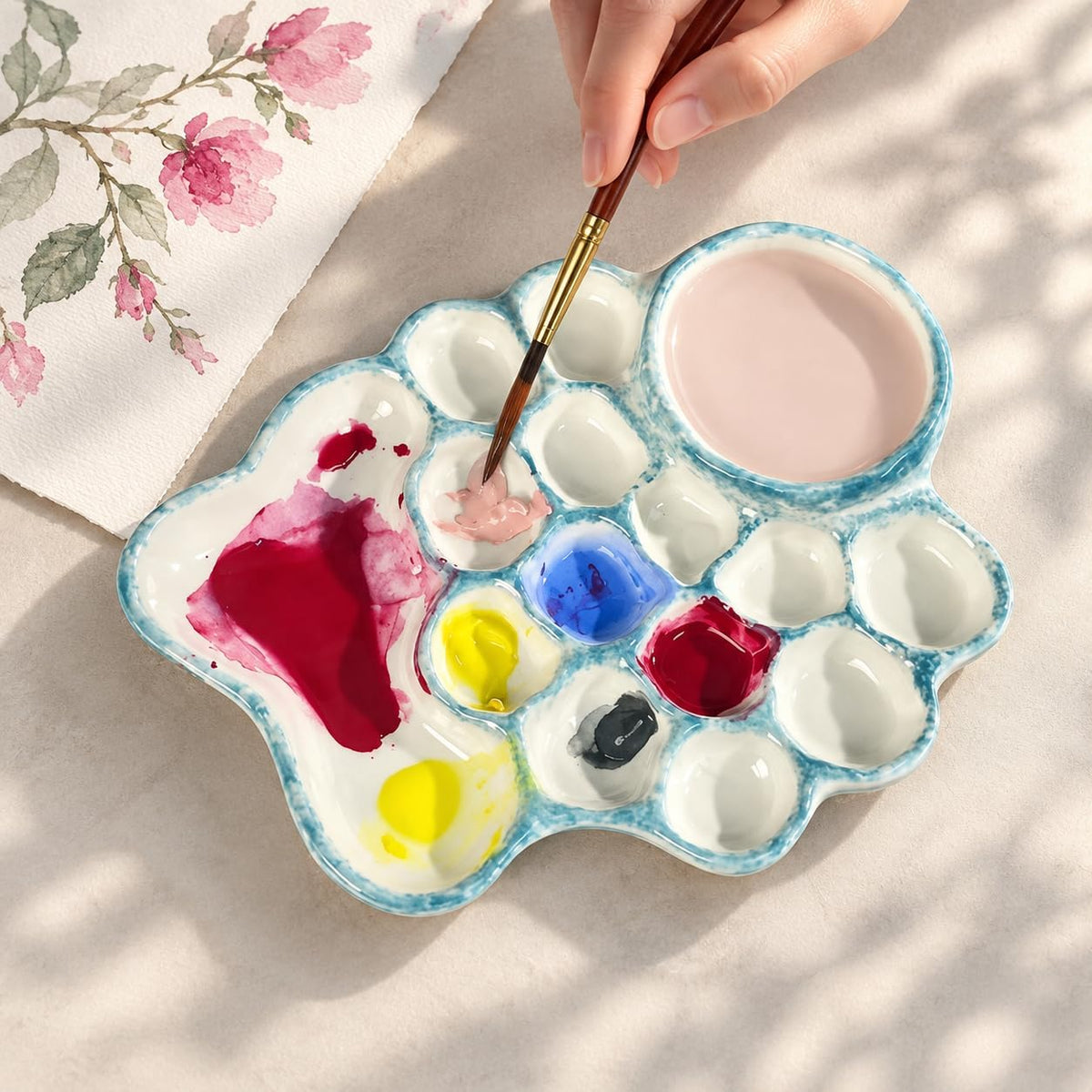 Blue Ceramic Paint Palette with Built-in Washing Area and Large Mixing Area