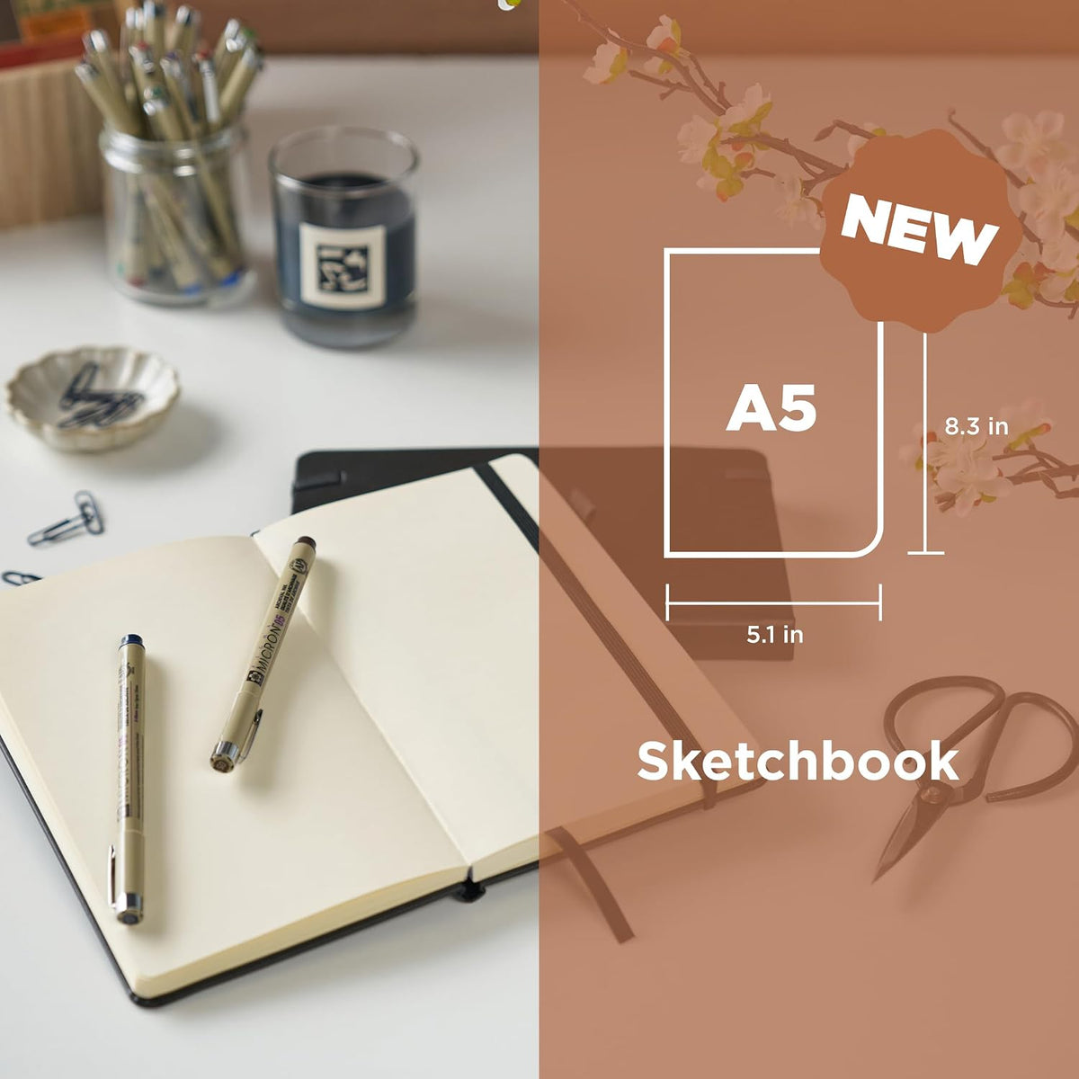 Sakura A5 Sketchbook & Pigma Micron Bundle, 3-Pack Fineliner Pen Set