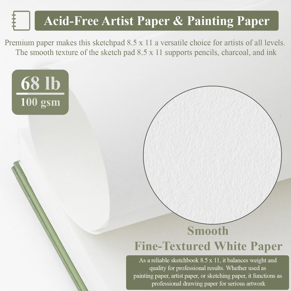 Sketch Book 8.5 x 11, Sketch Pad, Pack of 1 (68lb/100gsm), 100 Sheets Spiral Sketchbook, Acid Free Drawing Paper, Sketch Pads for Drawing for Adults, Art Paper for Drawing and Painting for Kids.