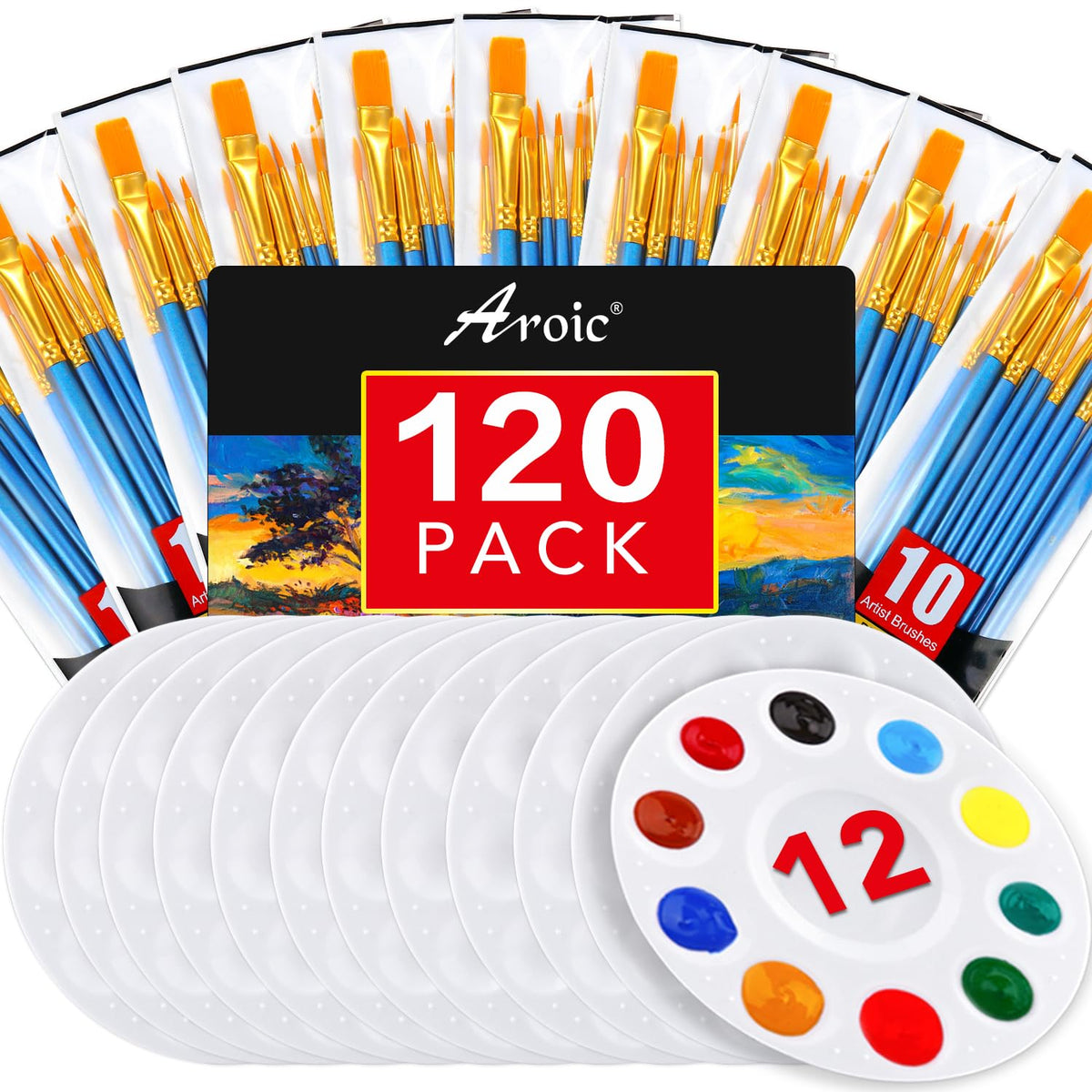 AROIC Paint Brush Palette Set, 6 Packs of 60 Brushes and 6 Tray Palettes