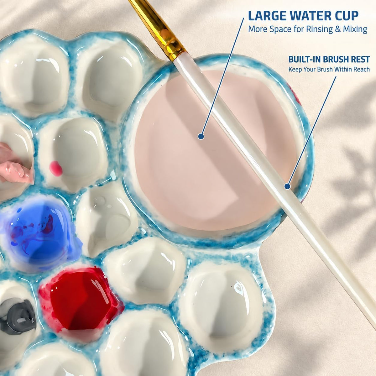 Blue Ceramic Paint Palette with Built-in Washing Area and Large Mixing Area